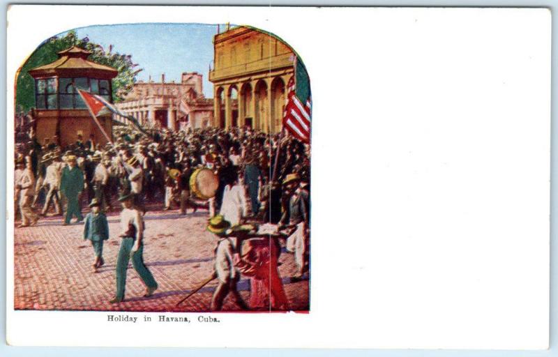 HAVANA, CUBA  Street Scene  HOLIDAY IN HAVANA Parade, Flags ca 1910s Postcard