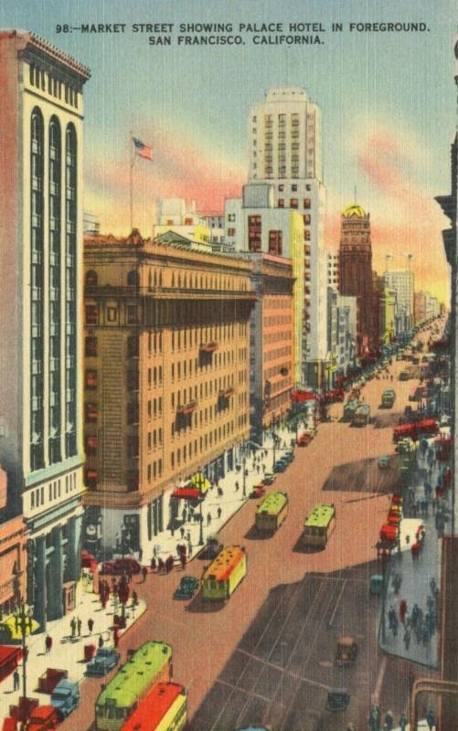 San Francisco CA Market Street Palace Hotel Vintage Linen Postcard D13