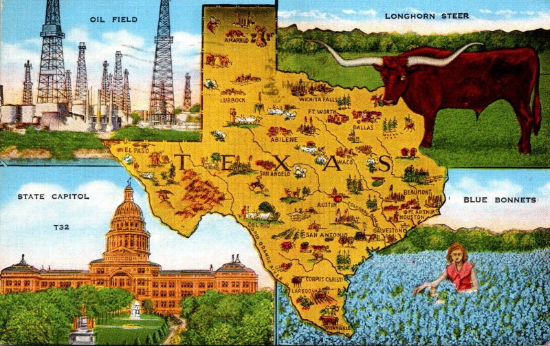 Texas Map With Oil Field Longhorn Steer & More 1944