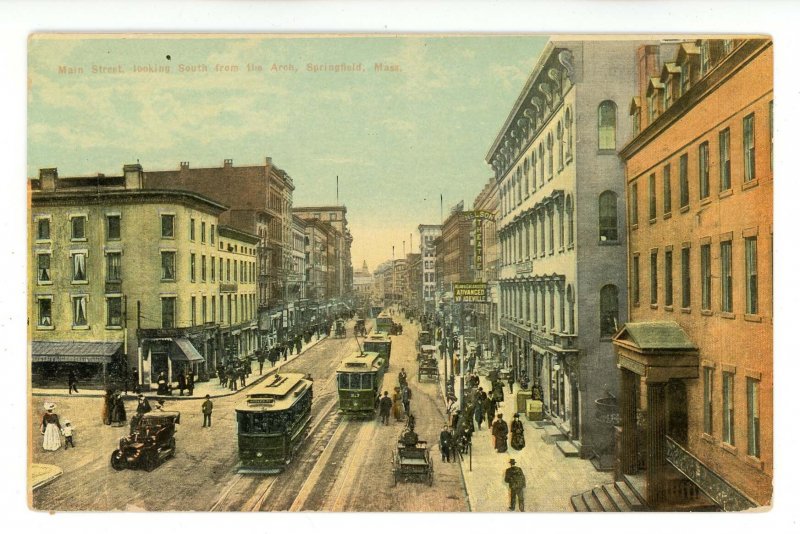 MA - Springfield. Main Street, looking South. Trolleys, Horses, Wagons, Autos