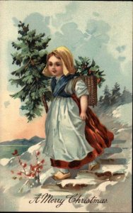 PFB Serie 11036 Christmas Little Dutch Girl with Christmas Tree c1910 Postcard