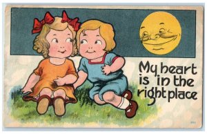 Valentine Children My Heart In In The Right Place Anthropomorphic Moon Postcard