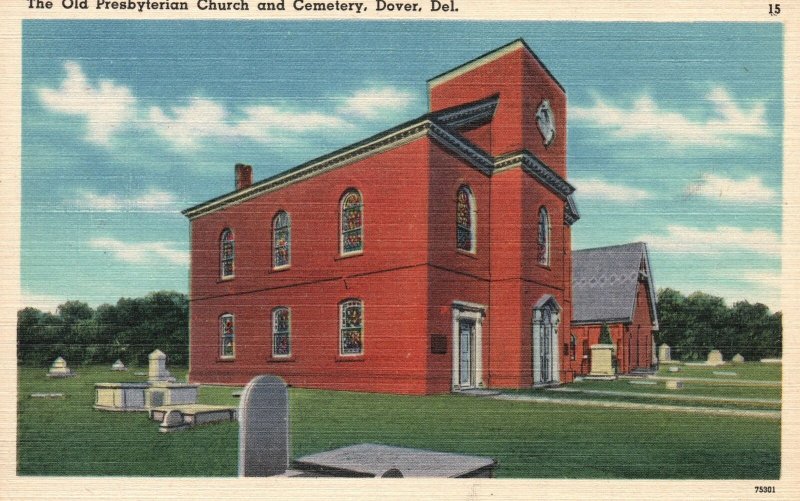 Vintage Postcard 1930's The Old Presbyterian Church & Cemetery Dover Delaware DE