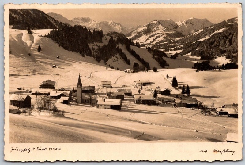 Vtg Tyrol Austria Jungholz i. Tirol Village Church Winter View RPPC Postcard