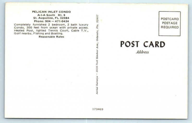 ST. AUGUSTINE, Florida FL ~ Aerial View PELICAN INLET CONDO c1970s  Postcard