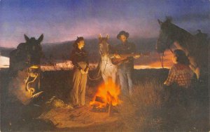 Pleasure Ride At Sunset Cowboys Cowgirls Campfire c1950s Vintage Postcard