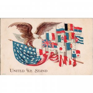 Original 1917 WWI Era Postcard - Flags of Allys - American Flag United We Stand