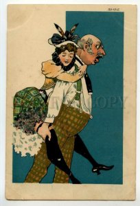 493090 COMIC Lover BELLE Young Girl on Old Man Vintage postcard Lith Russia