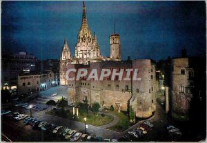 Postcard Modern Barcelona Cathedral and Roman Walls Night View