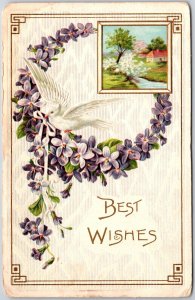 1910's Best Wishes Round Shape Purple Flower White Bird Greeting Posted Postcard