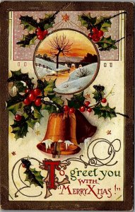 c1910 CHRISTMAS XMAS SNOW SCENE HOLLY BELLS TINSELED EMBOSSED POSTCARD 39-115