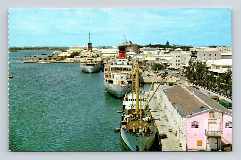 Hamilton Dock Bermida Cruise Ships Scenic Birds Eye View Chrome Postcard