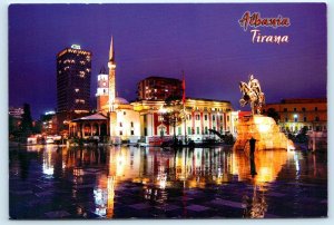 TIRANA, ALBANIA ~ Monument SKANDERBEG SQUARE at Night 4x6 Postcard