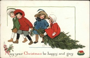 Tuck Christmas Merry Children With Christmas Tree No 543 c1910 Postcard