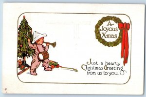 Christmas Postcard Greetings Boy With Trumpet And Drummer Tied Seal 1925 Vintage