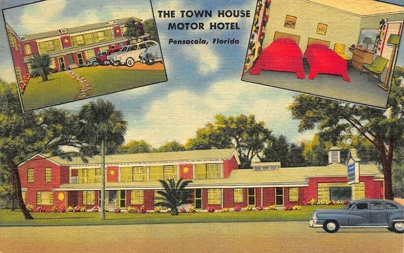 Pensacola FL Town House Motor Hotel Old Cars Multi-View Linen Postcard