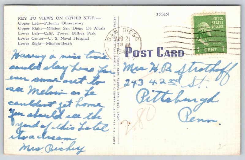 San Diego California~5 Views of City Key On Back~Large Letter Linen Postcard