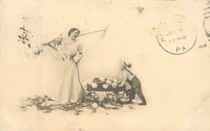 1908 Little Man Big woman Floral wagon humor artist impression Postcard 22-8020