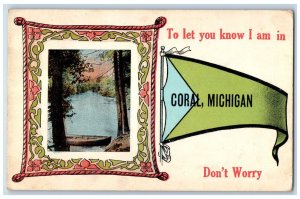 1914 To Let You Know Coral Michigan Don't Worry Pennant River Lake MI Postcard