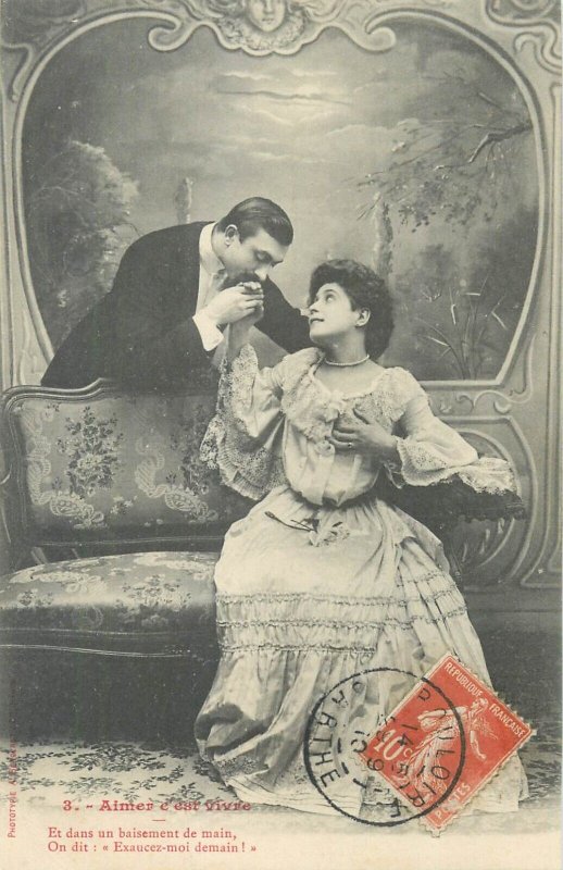 Set 3 antique postcards elegant gentleman & charming lady romantic lovers love