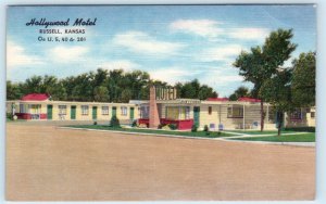 RUSSELL, Kansas KS ~ Roadside HOLLYWOOD MOTEL ca 1940s Linen Postcard