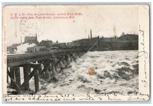 1908 C.M. & St. Paul Railroad Bridge, Across Rock River Janesville WI Postcard