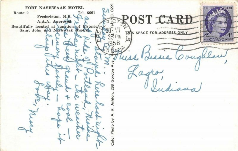 Fredericton New Brunswick Canada 1958 Postcard Fort Nashwaak Motel