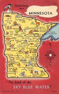 Greetings MINNESOTA State Map Lake Superior Indian Lighthouse 40s Linen Postcard