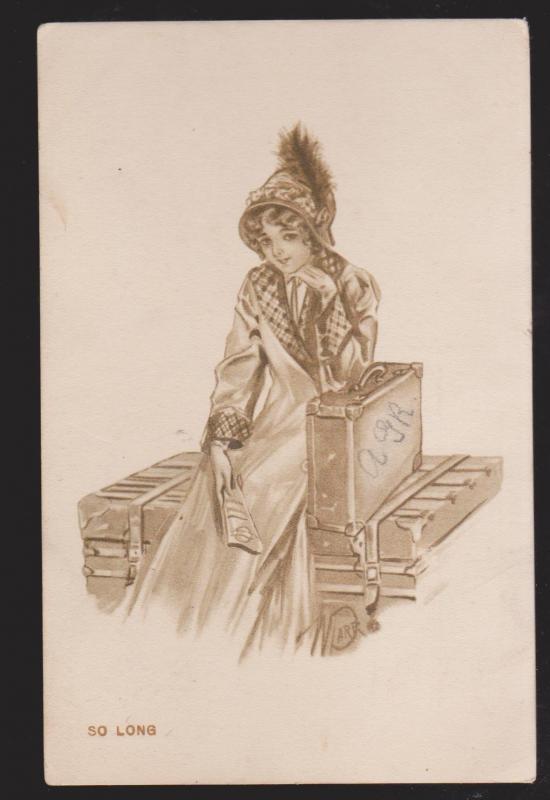 Drawing Of A Pretty Girl With Trunk & Suitcase - Used 1912