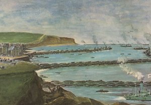 Battle Of Normandy 1944 WW2 Military Port Harbour Painting Postcard