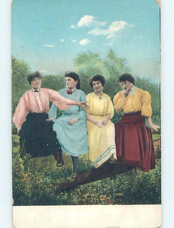 Pre-1907 art nouveau FOUR WOMEN SITTING ON THE FENCE RAIL HL4235