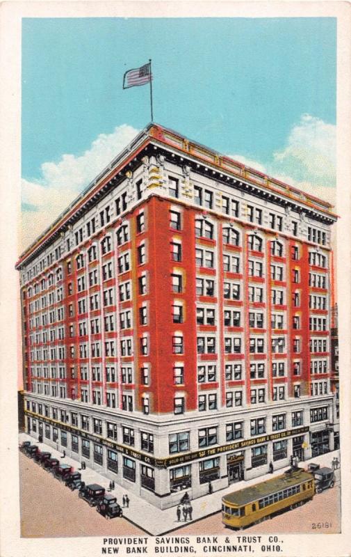 CINCINNATI OHIO PROVIDENT SAVINGS BANK & TRUST~NEW BLDG~TROLLEY POSTCARD 1920s