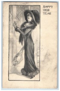 c1910's Happy New Year Pretty Woman Knocking Door Flowers Antique Postcard