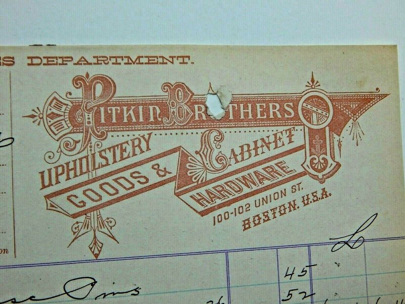 1891 Pitkin Brothers Upholstery Goods Cabinet Hardware Boston MA Letterhead