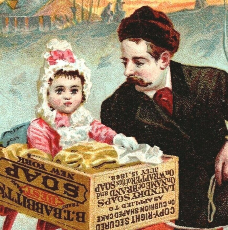 1880s Babbitt's Baby Soap Father & Adorable Baby In Crate Sled Snow P224