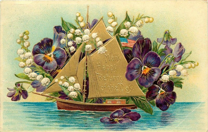 Many Happy Returns of the Day Sailboat Schooner Embossed Flowers 1910 Postcard