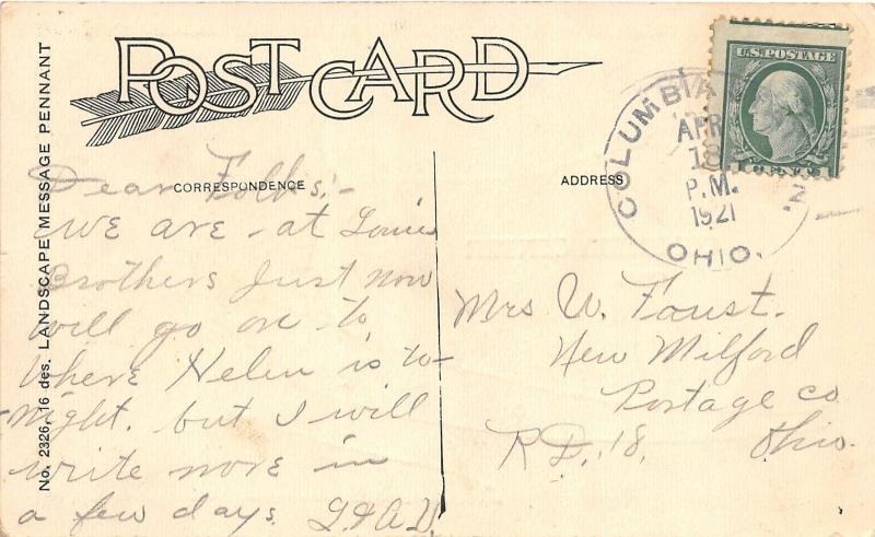 F64/ Columbia Center Ohio Postcard 1921 Pennant Many Miles Away