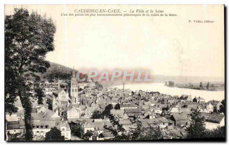 Old Postcard Caudebec-en-Caux City and the Seine