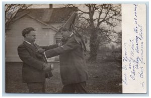 Mens Postcard RPPC Photo Boxing Fencing Fight Humor c1910's Posted Antique