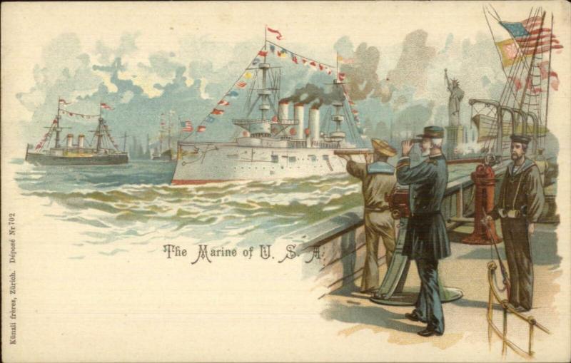 US Navy Ships New York City State of Liberty Kunzli Freres c1900 Postcard