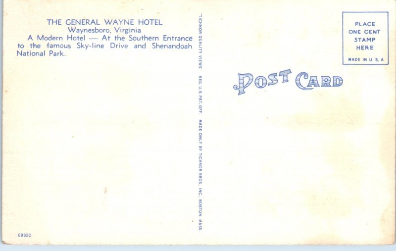 1930s The General Wayne Hotel Waynesboro VA Postcard