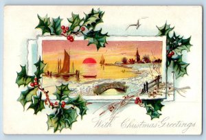 Superior WI Postcard Christmas Greetings Holly Berries Boat Sunset Embossed
