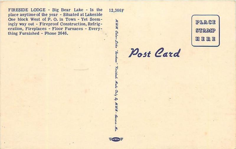 BIG BEAR LAKE, CA California   FIRESIDE LODGE c1940s Car Roadside Postcard