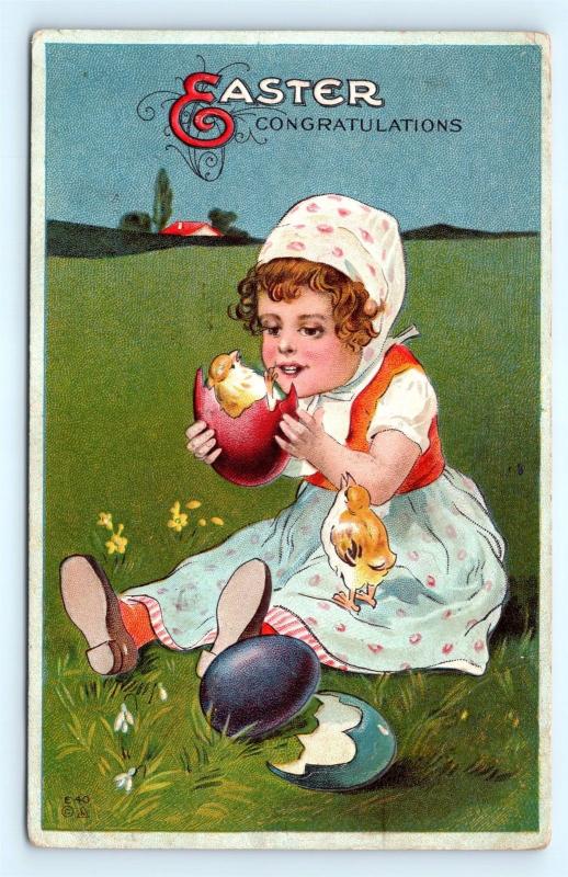 Postcard Easter Congratulations Girl Chicks in Easter Eggs 1913 J18