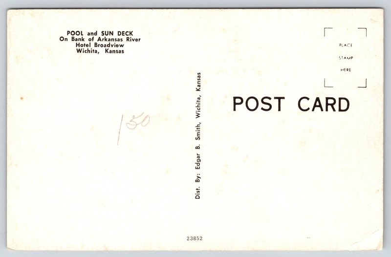 Hotel Broadview~Wichita KS~Pool & Sun Deck~Arkansas Riverbank~Chrome Postcard