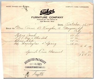 1923  New Bedford   Massachusetts  Tabor Furniture Company  Receipt   8 x 7