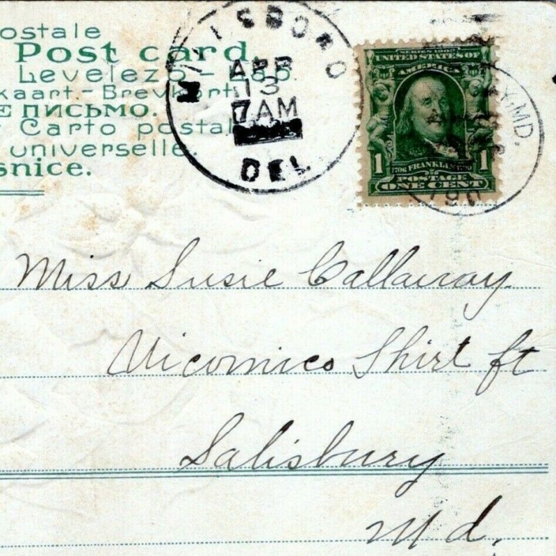 Millsboro Delaware Postmark 1911 to Salisbury MD Susie Callaway Postcard MJ