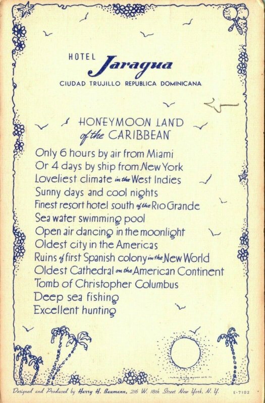 Vintage Advertisng Linen Postcard Dominican Republic Hotel Jaragua Multi Map 