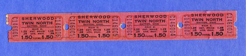 4 Sherwood Twin Drive-In Movie Theatre Tickets, Dayton, Ohio/OH, 1960's?