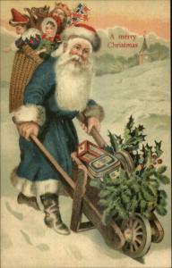 Christmas - Santa Claus Blue Coat Wheelbarrow c1910 Embossed Postcard